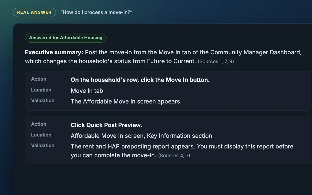 Assistant answer to how to process a move-in, with an executive summary and steps listing action, location and validation