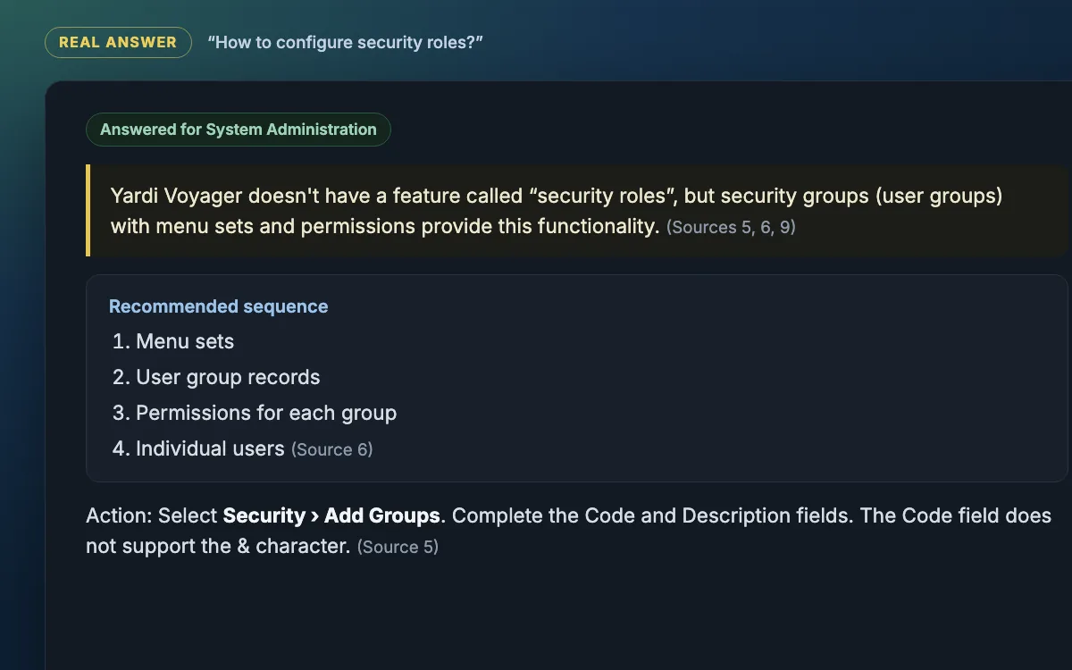 Assistant explaining that Voyager has no feature called security roles and mapping the question to security groups