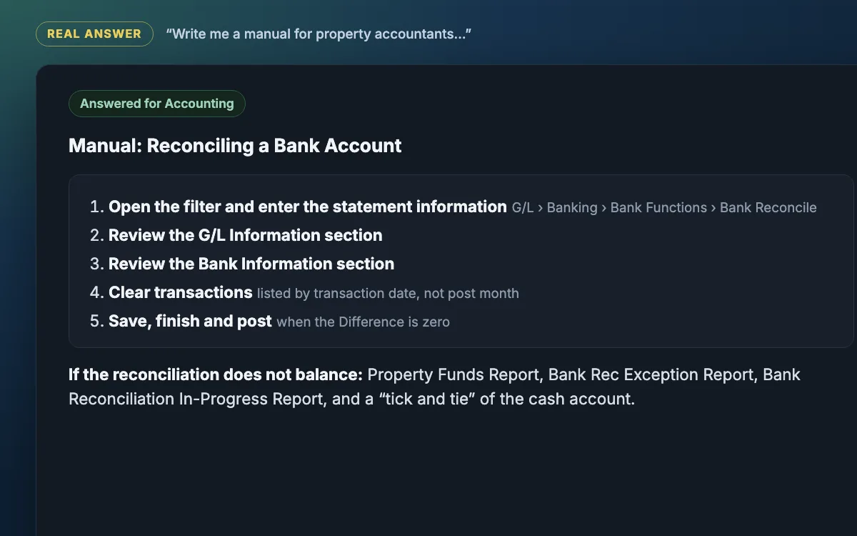 Assistant-written manual for reconciling a bank account, in five steps with troubleshooting reports