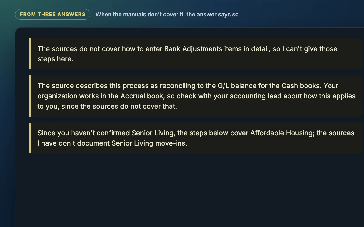 Three assistant notes stating what the source manuals do not cover