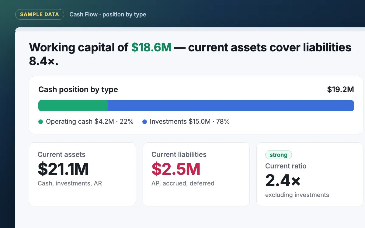 Cash position by type and working capital, sample data