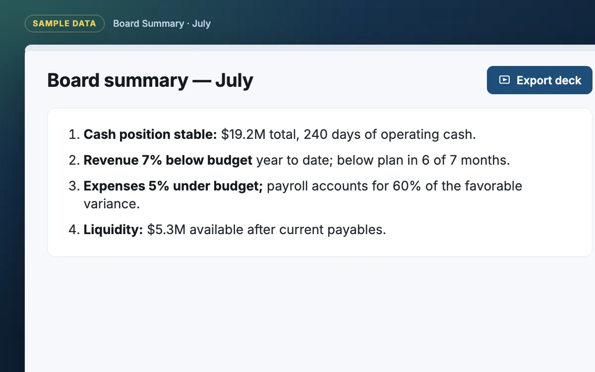 Board summary page with four key messages and an export deck button, sample data